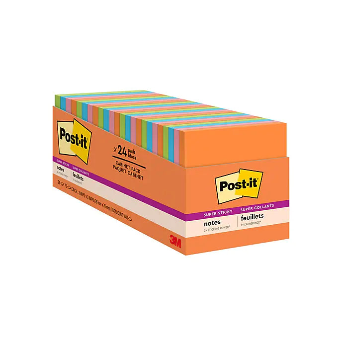 Post-it® Super Sticky Notes Cabinet Pack, 3" x 3", Energy Boost Collection, 70 Sheets/Pad, 24 Pads/Pack (654-24SSAU-CP)