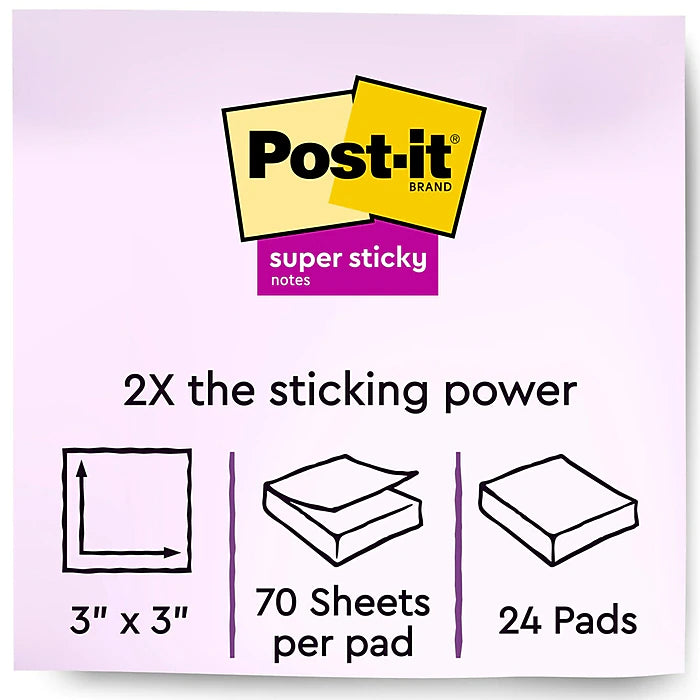 Post-it® Super Sticky Notes Cabinet Pack, 3" x 3", Energy Boost Collection, 70 Sheets/Pad, 24 Pads/Pack (654-24SSAU-CP)