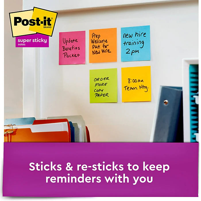 Post-it® Super Sticky Notes, 3" x 3", Energy Boost Collection, 90 Sheets/Pad, 5 Pads/Pack (654-5SSUC)