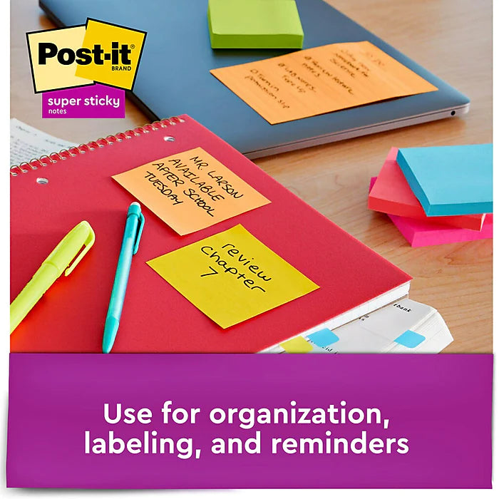 Post-it® Super Sticky Notes, 3" x 3", Energy Boost Collection, 90 Sheets/Pad, 5 Pads/Pack (654-5SSUC)