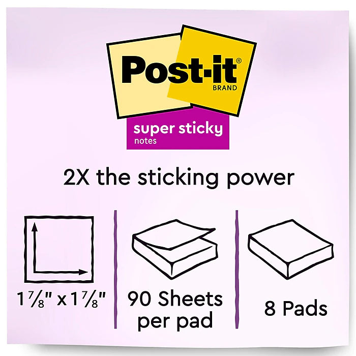 Post-it® Super Sticky Notes, 1 7/8" x 1 7/8", Playful Primaries Collection, 90 Sheets/Pad, 8 Pads/Pack (622-8SSAN)