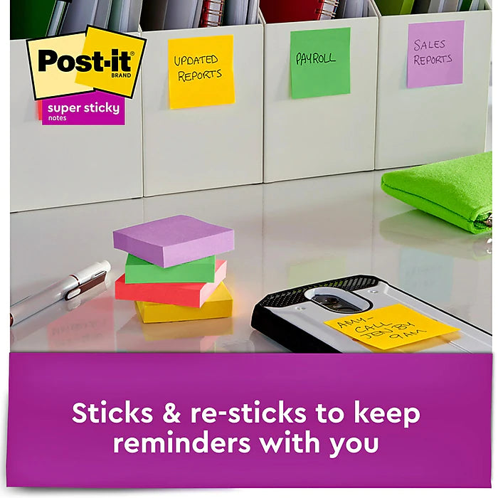 Post-it® Super Sticky Notes, 1 7/8" x 1 7/8", Playful Primaries Collection, 90 Sheets/Pad, 8 Pads/Pack (622-8SSAN)