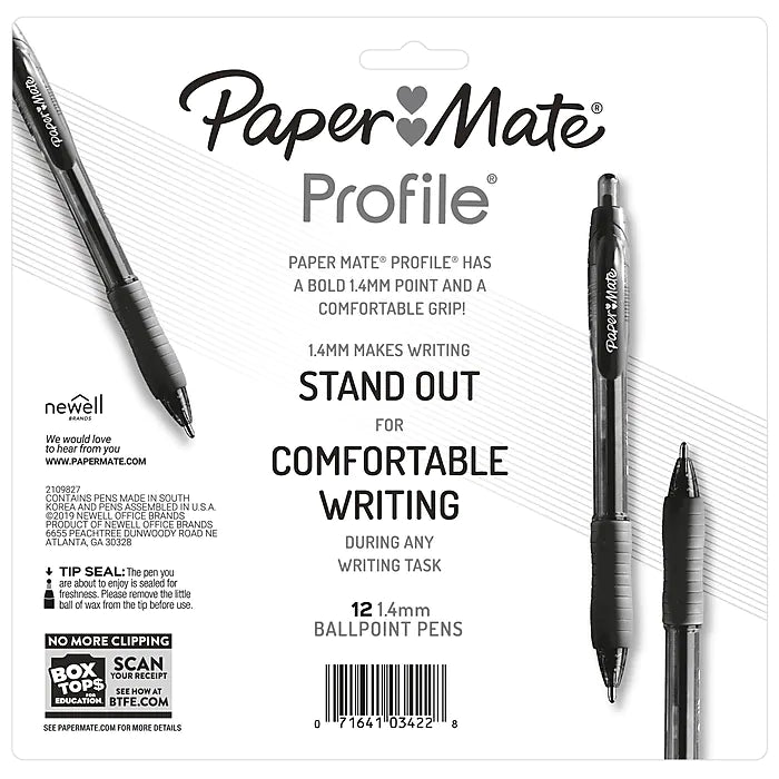 Paper Mate Profile Retractable Ballpoint Pen, Bold Point, Assorted Ink, Dozen (1788863)