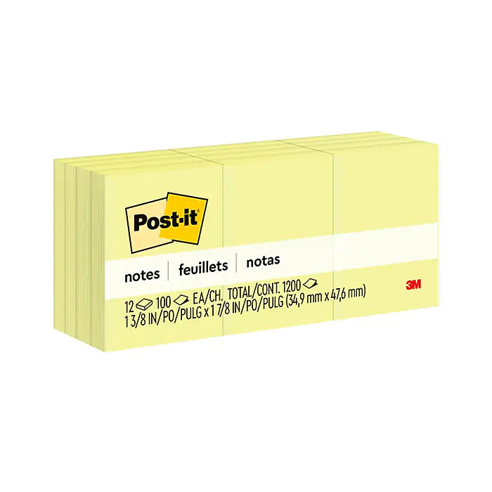 Post-it® Notes, 1 3/8" x 1 7/8", Canary Yellow, 100 Sheets/Pad, 12 Pads/Pack (653-YW)