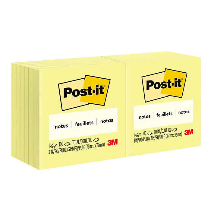 Post-it® Notes, 3" x 3", Canary Yellow, 100 Sheets/Pad, 12 Pads/Pack (654-12YW)