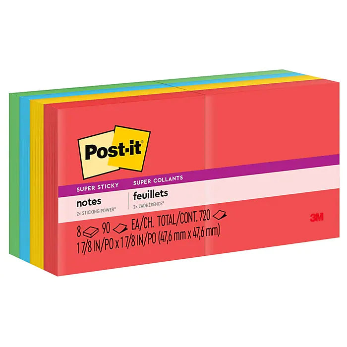 Post-it® Super Sticky Notes, 1 7/8" x 1 7/8", Playful Primaries Collection, 90 Sheets/Pad, 8 Pads/Pack (622-8SSAN)