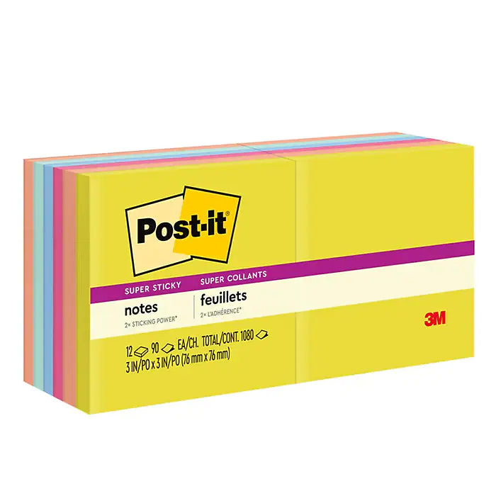 Post-it® Super Sticky Notes, 3" x 3", Summer Joy Collection, 90 Sheets/Pad, 12 Pads/Pack (654-12SSJOY)