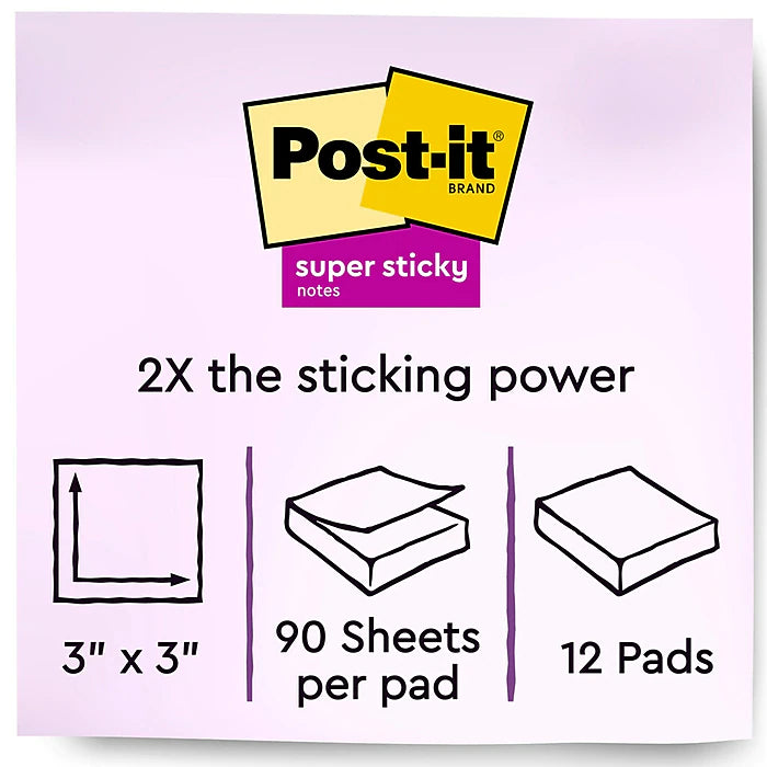 Post-it® Super Sticky Notes, 3" x 3", Summer Joy Collection, 90 Sheets/Pad, 12 Pads/Pack (654-12SSJOY)