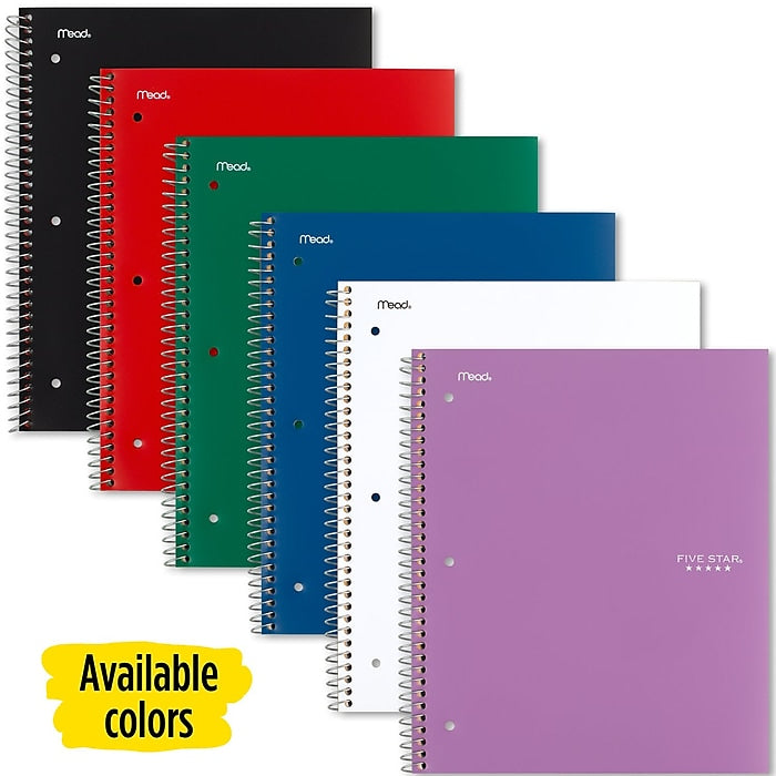 Mead Five Star 5-Subject Notebook, 8.5" x 11", College Ruled, 200 Sheets, Assorted Colors (06112/06208)