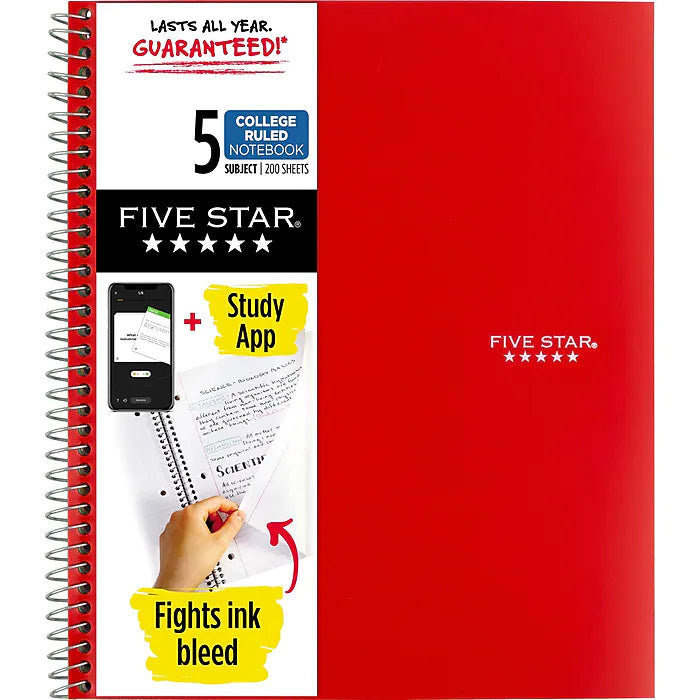 Mead Five Star 5-Subject Notebook, 8.5" x 11", College Ruled, 200 Sheets, Assorted Colors (06112/06208)