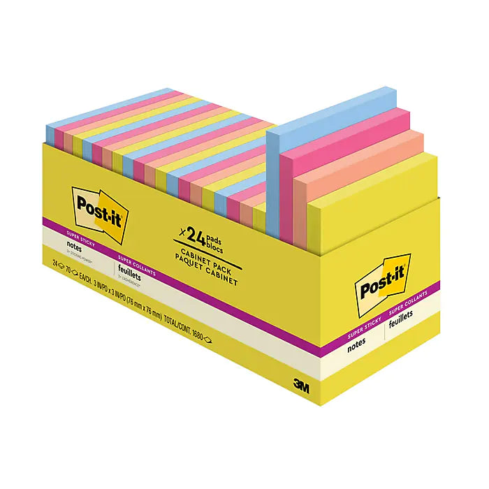 Post-it® Summer Joy Super Sticky Note, 3" x 3", 70 Sheets/Pad, 24 Pads/Pack (654-24SSJOY-CP)