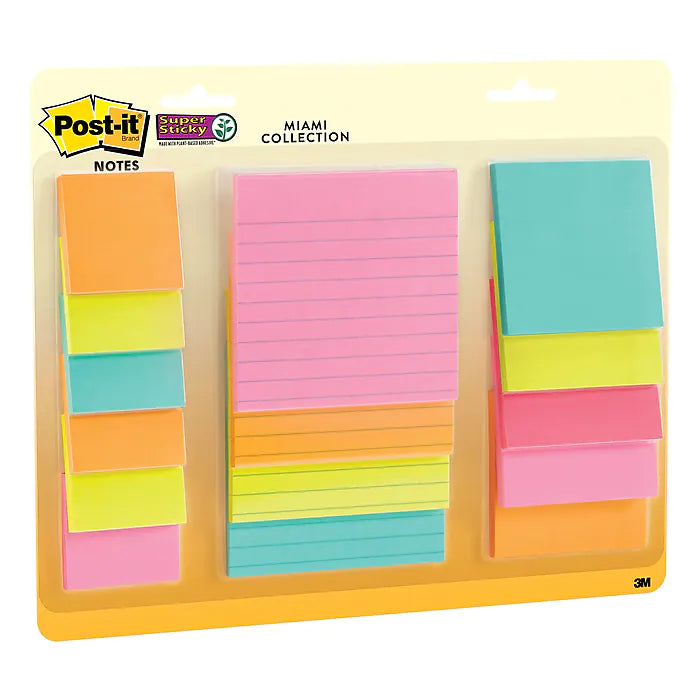 Post-it® Super Sticky Notes, Assorted Sizes, Supernova Neons Collection, Lined, 15 Pads/Pack (4423-15SSMIA)