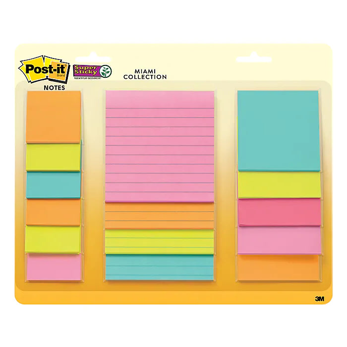 Post-it® Super Sticky Notes, Assorted Sizes, Supernova Neons Collection, Lined, 15 Pads/Pack (4423-15SSMIA)