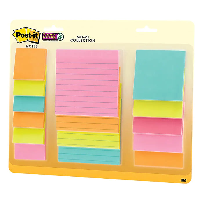 Post-it® Super Sticky Notes, Assorted Sizes, Supernova Neons Collection, Lined, 15 Pads/Pack (4423-15SSMIA)