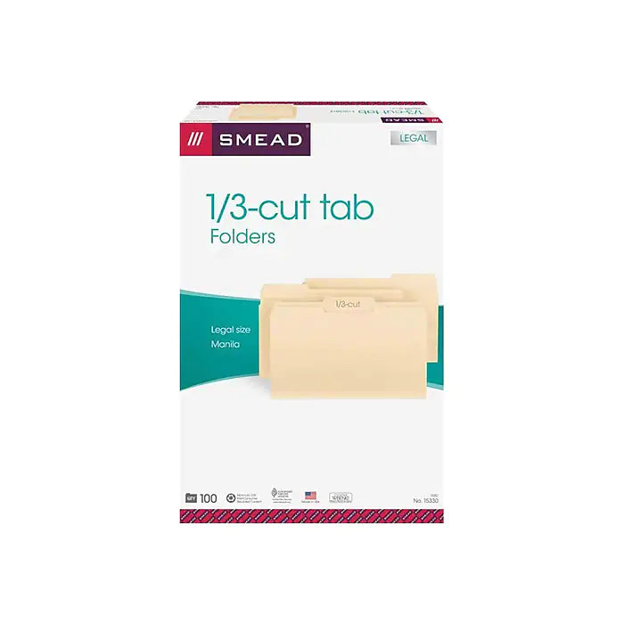 Smead File Folders, 1/3-Cut Tab, Legal Size, Manila, 100/Box (15330)