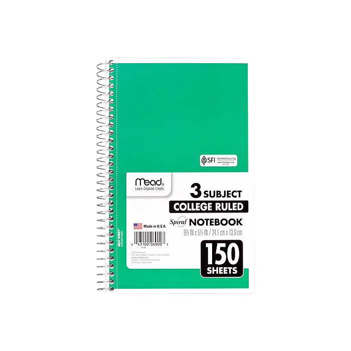 Mead Spiral 3-Subject Notebook, 5.5" x 9.5", College Ruled, 150 Sheets, Assorted Colors (06900)