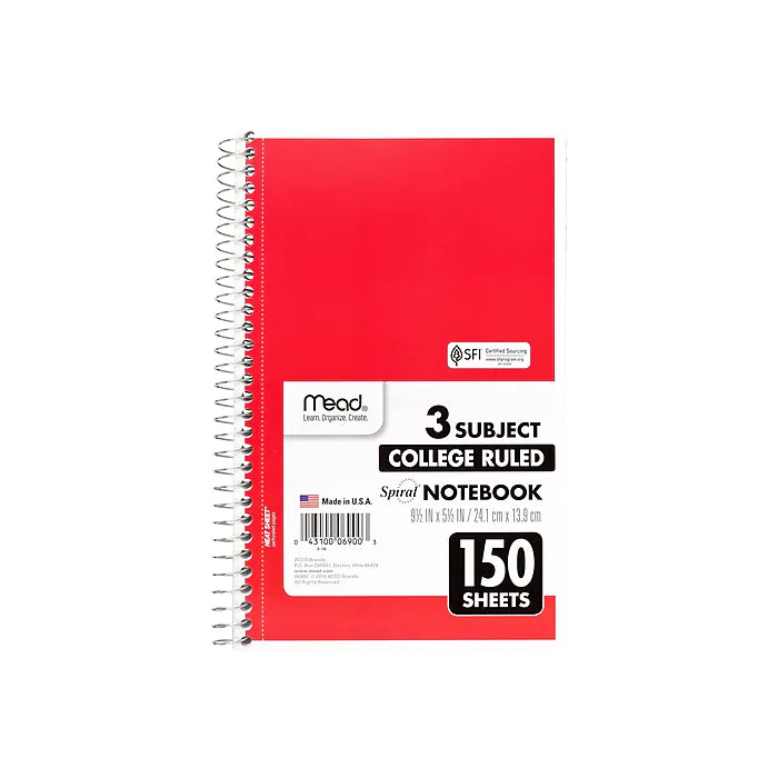 Mead Spiral 3-Subject Notebook, 5.5" x 9.5", College Ruled, 150 Sheets, Assorted Colors (06900)