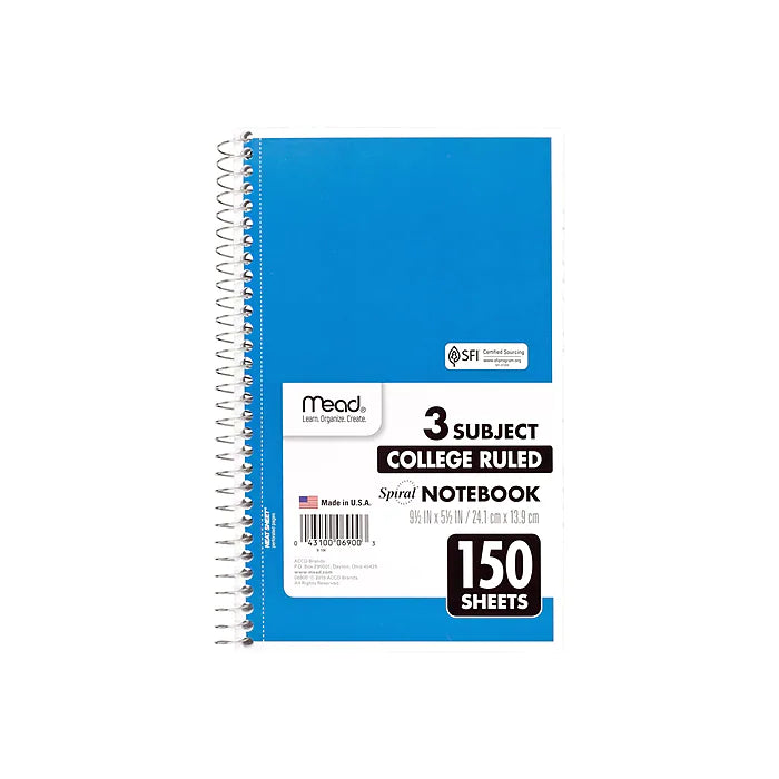 Mead Spiral 3-Subject Notebook, 5.5" x 9.5", College Ruled, 150 Sheets, Assorted Colors (06900)