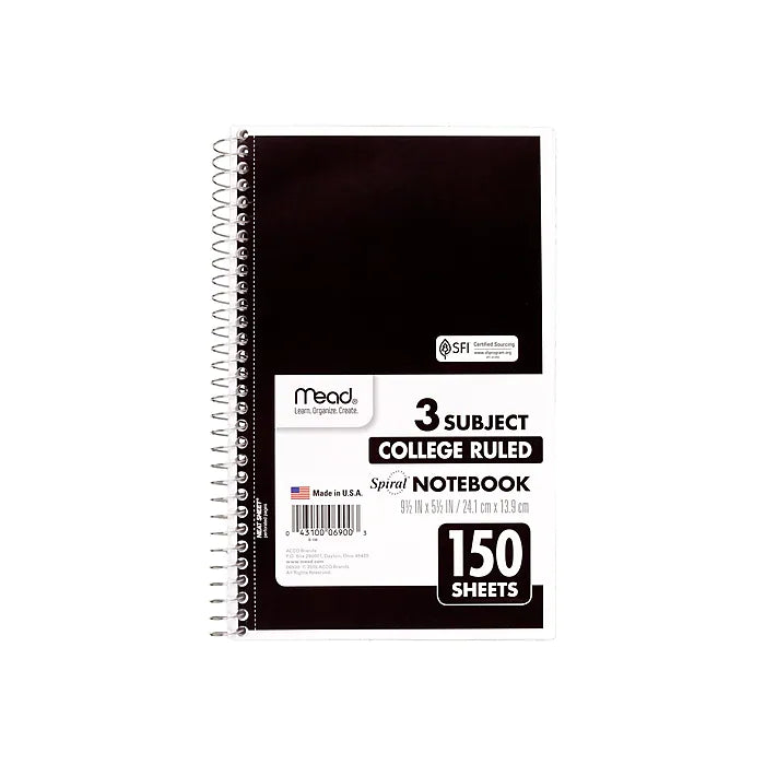 Mead Spiral 3-Subject Notebook, 5.5" x 9.5", College Ruled, 150 Sheets, Assorted Colors (06900)