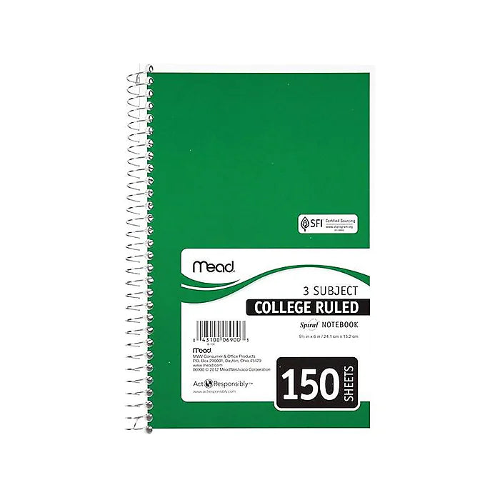 Mead Spiral 3-Subject Notebook, 5.5" x 9.5", College Ruled, 150 Sheets, Assorted Colors (06900)