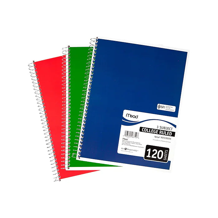 Mead Spiral 3-Subject Notebook, 8"W x 11"H, College Ruled, 120 Sheets, Each (06710)