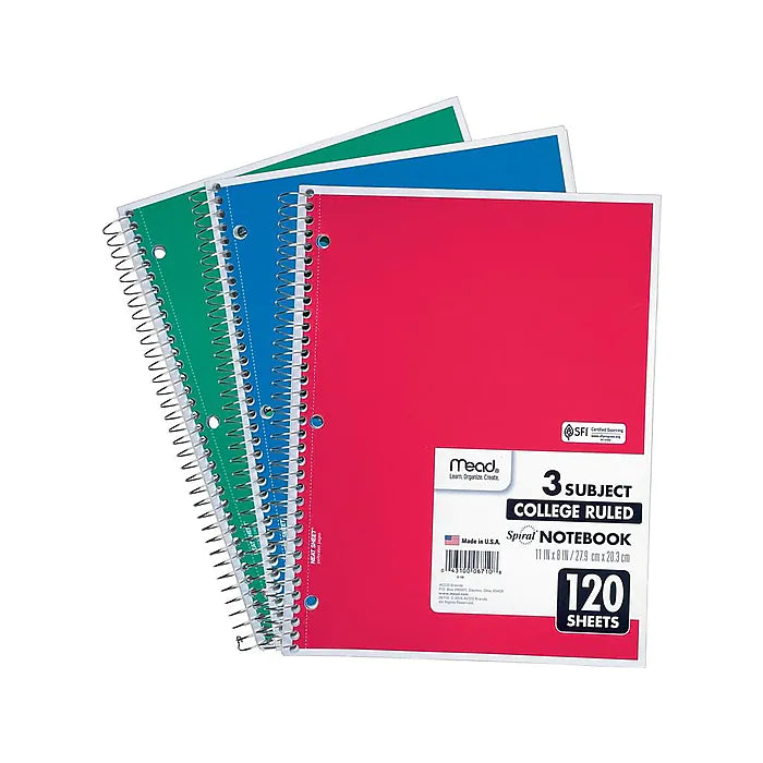 Mead Spiral 3-Subject Notebook, 8"W x 11"H, College Ruled, 120 Sheets, Each (06710)