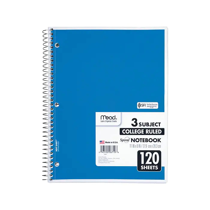 Mead Spiral 3-Subject Notebook, 8"W x 11"H, College Ruled, 120 Sheets, Each (06710)