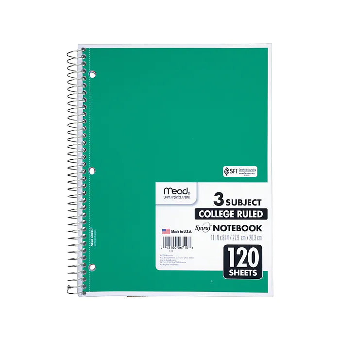 Mead Spiral 3-Subject Notebook, 8"W x 11"H, College Ruled, 120 Sheets, Each (06710)