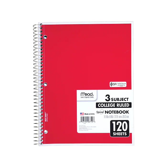 Mead Spiral 3-Subject Notebook, 8"W x 11"H, College Ruled, 120 Sheets, Each (06710)