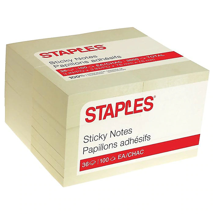 Staples Sticky Notes, 3" x 3", 100 Sheets/Pad, 36 Pads/Pack (S-33YR36)