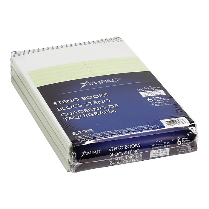 Ampad Steno Pad, 6" x 9", Gregg Ruled, 70 Sheets, Green-Tint, 6/Pack (TOP 25-476)