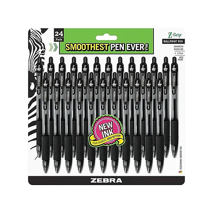 Zebra Z-Grip Retractable Ballpoint Pen, Medium Point, Black Ink, 24/Pack (12221)