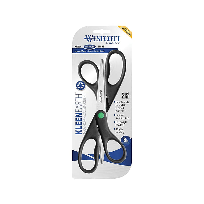 Westcott KleenEarth 8" Stainless Steel Sewing/Craft Scissors, Pointed Tip, Black, 2/Pack (15179)