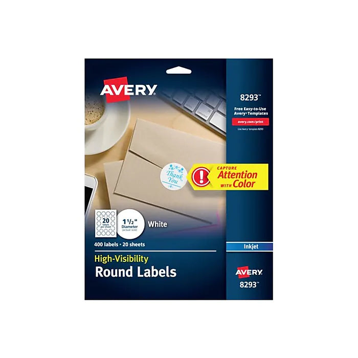 Avery High-Visibility Inkjet Multipurpose Labels, 1 1/2" Dia., Matte White, 400 Labels Per Pack (8293)