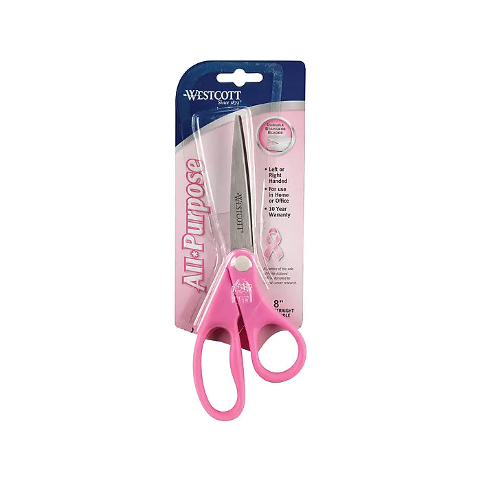 Westcott® All Purpose Pink Ribbon 8" Stainless Steel Scissors, Pointed Tip, Pink (15387)