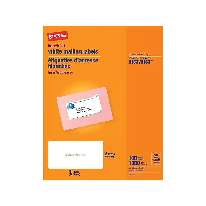 Staples Laser/Inkjet Shipping Labels, 2" x 4", White, 10 Labels/Sheet, 100 Sheets/Box (18060/SIWO130)