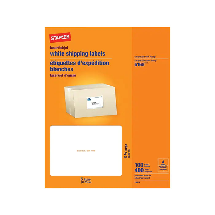 Staples Laser/Inkjet Shipping Labels, 3 1/2" x 5", Bright White, 4 Labels/Sheet, 100 Sheets/Box (18074-CC)