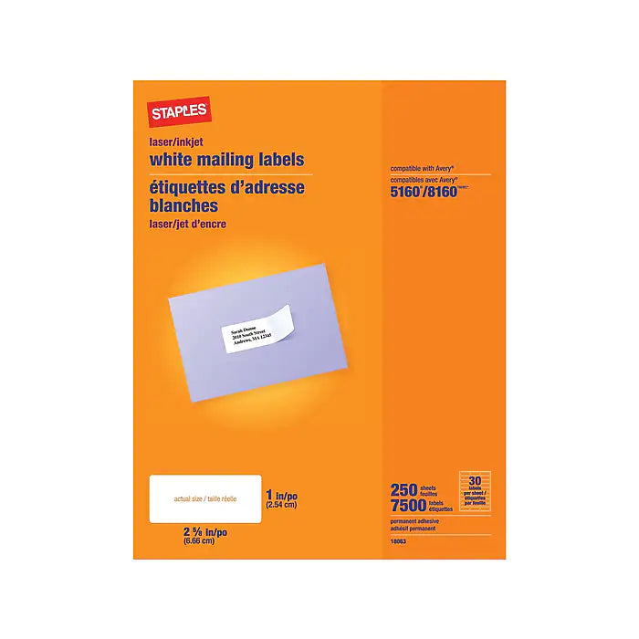 Staples Laser/Inkjet Address Labels, 1" x 2 5/8", White, 30 Labels/Sheet, 250 Sheets/Box (18063/SIWT100)