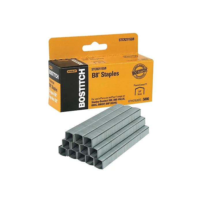 Bostitch B8 PowerCrown Chisel Tip Staples, 0.38" Leg Length, 5000/Box (STCR21153/8)