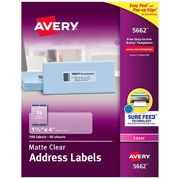 Avery Matte Clear Address Labels, Sure Feed Technology, Laser, 1-1/3" x 4", 700 Labels (5662)