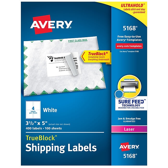 Avery TrueBlock Laser Shipping Labels, Sure Feed Technology, 3.5" x 5", White, 400 Labels Per Pack (5168)